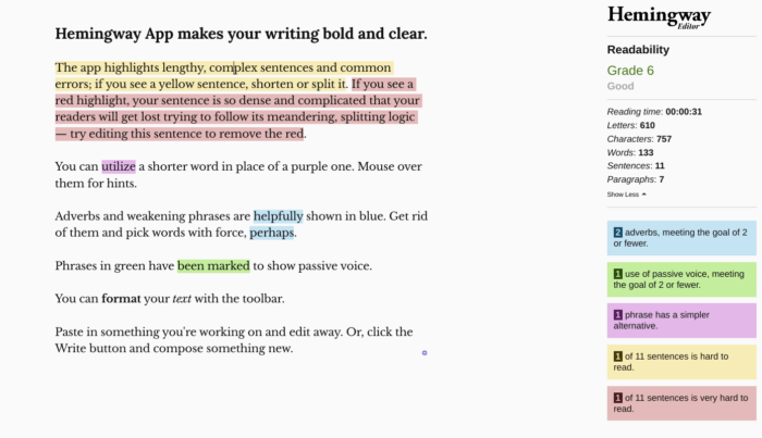 Proofreading example from Hemingway app, another proofreading software. Vaia Magazine