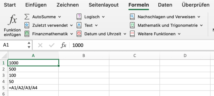 Excel Formeln, Division Vier Zahlenwerte Ergebnis, StudySmarter Excel