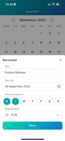 Captura de pantalla de la app StudySmarter y su calendario StudySmarter