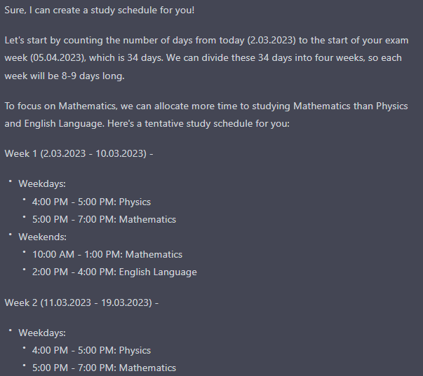 ChatGPT for Studying, Screenshot of a ChatGPT Conversation Where ChatGPT creates a study schedule, StudySmarter Magazine