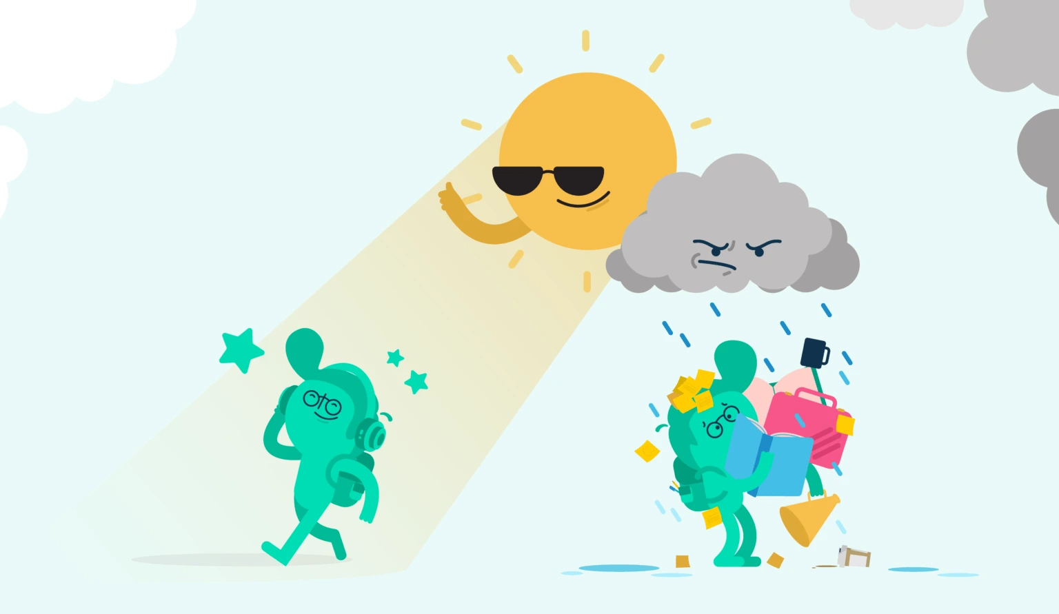 How to Stop Procrastinating, An illustration of a person struggling under an angry rainstorm while another person is walking happily under the sun, Vaia Magazine