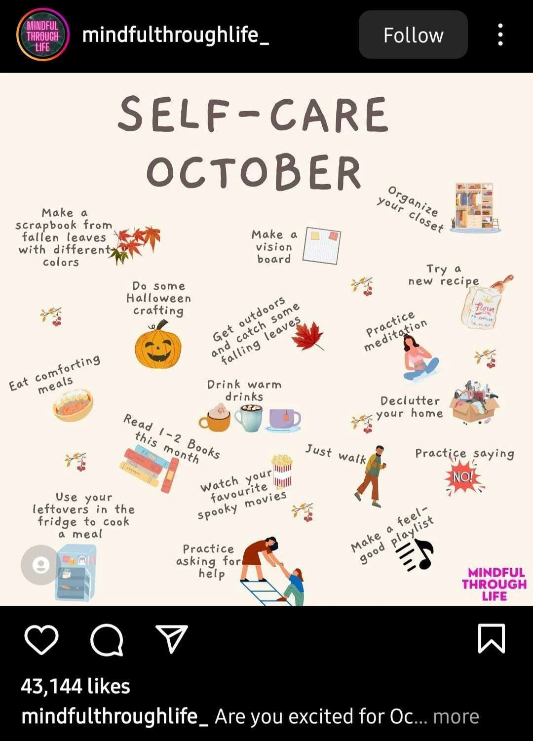 World Mental Health Day 2023, An Instagram post about self care, Vaia Magazine