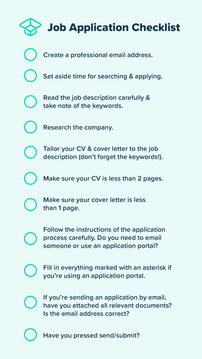 A Vaia job application checklist that details what you need to do. Vaia Magazine
