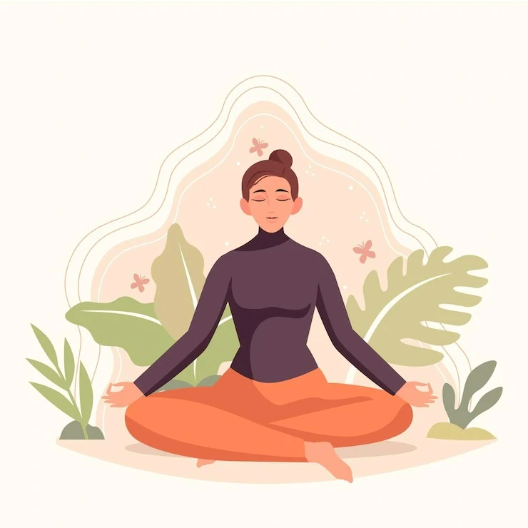 What Does FOMO Mean, An illustration of a woman meditating, Vaia Magazine
