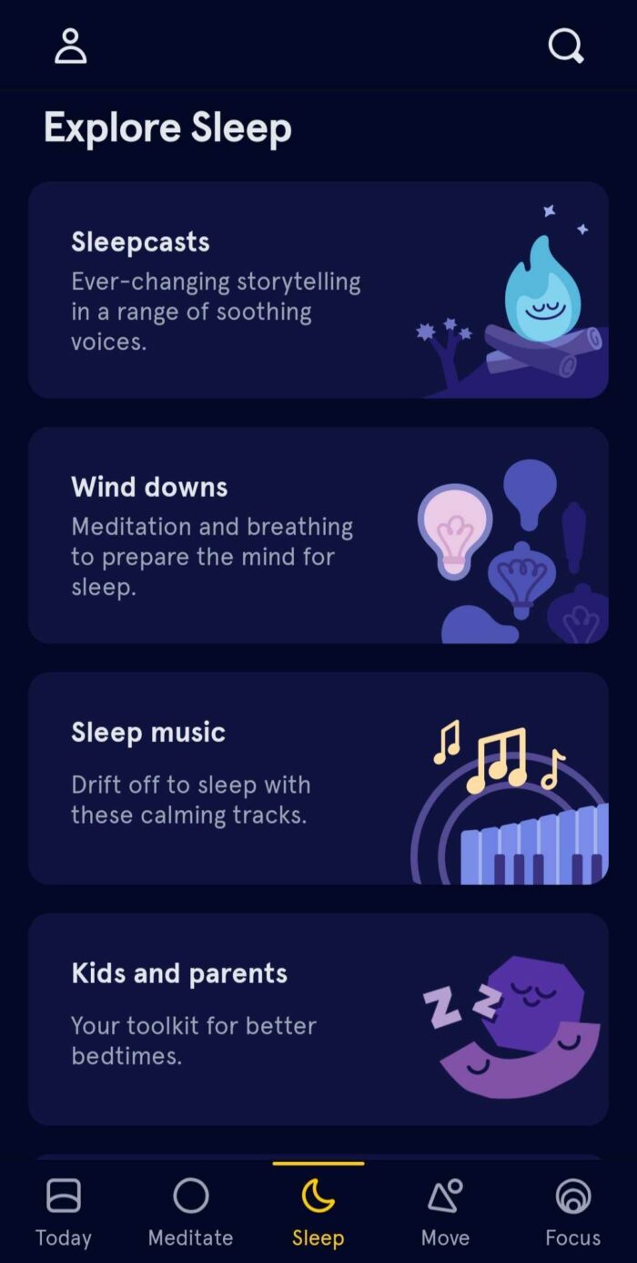 Headscape app in dark mode showing the explore options such as sleep casts, wind downs, sleep music, and options for parents and kids. Vaia Magazine