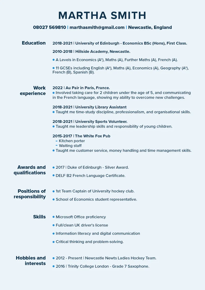 How to Write a CV, A student CV Example Template