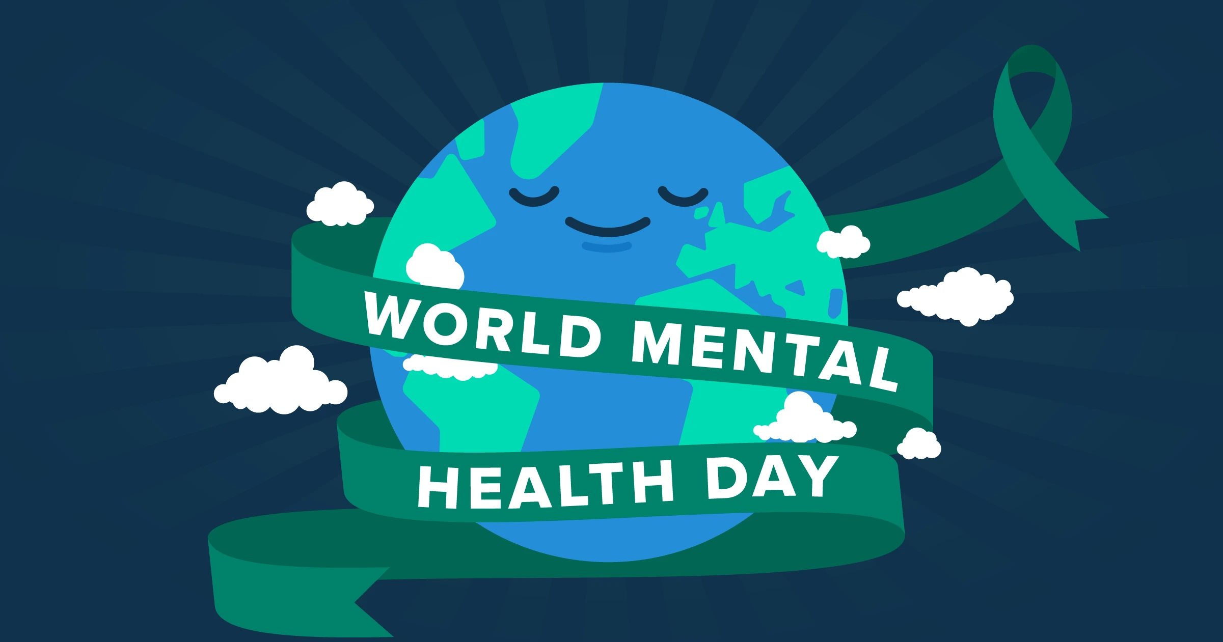 World Mental Health Day 2023, An Illustration of the world smiling and wrapped around with a banner of World Mental Health Day, Vaia Magazine