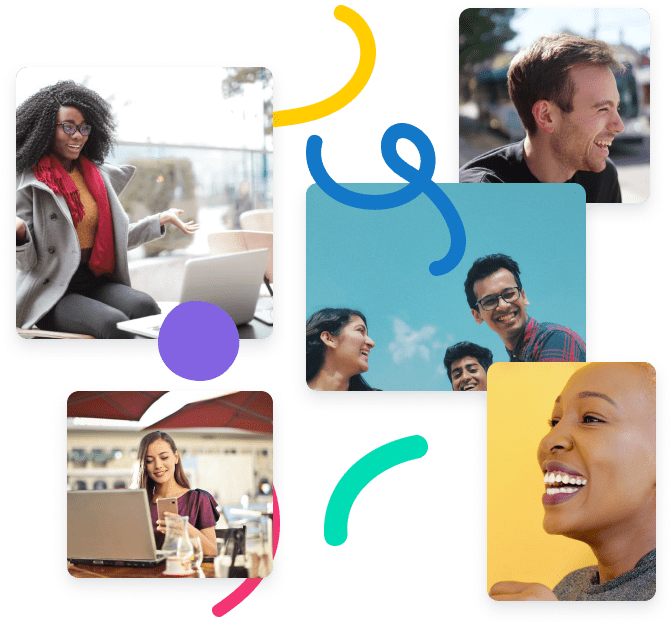 A collage of young professionals smiling and talking with people. Vaia Magazine