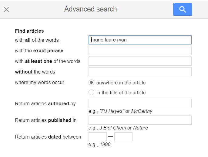 The Advanced Search page in google scholar search. Vaia Magazine