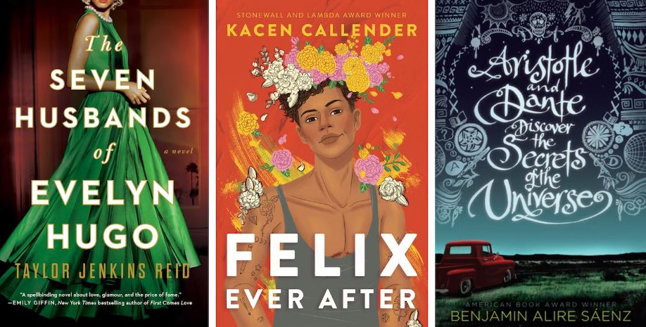Lgbtq book examples including The Seven Husbands of Evelyn Hugo (by Taylor Jenkins Reid), Felix Ever After (By Kacen Callendar), and Aristotle and Dante Discover the Secrets of the Universe (by Benjamin Alire Saenz). Vaia Magazine