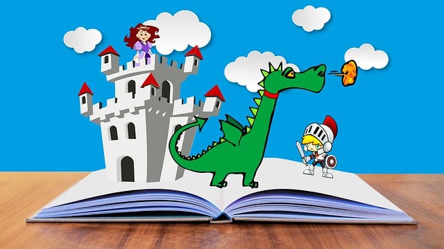 An open book with a dragon defending a castle containing a princess from a knight. Vaia Magazine
