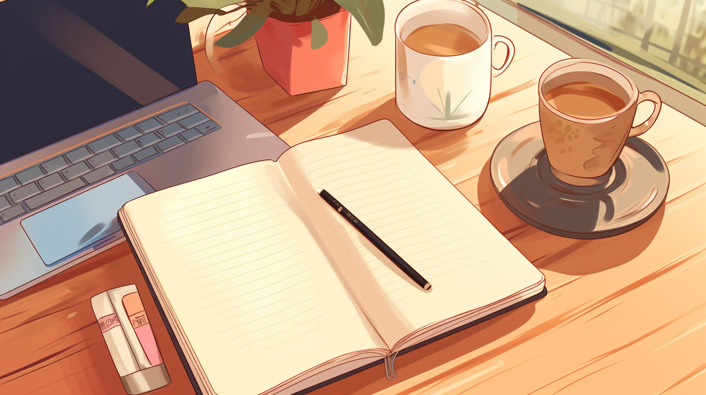 Illustration of a notebook on a desk, along with coffe, tea, a pen and a laptop