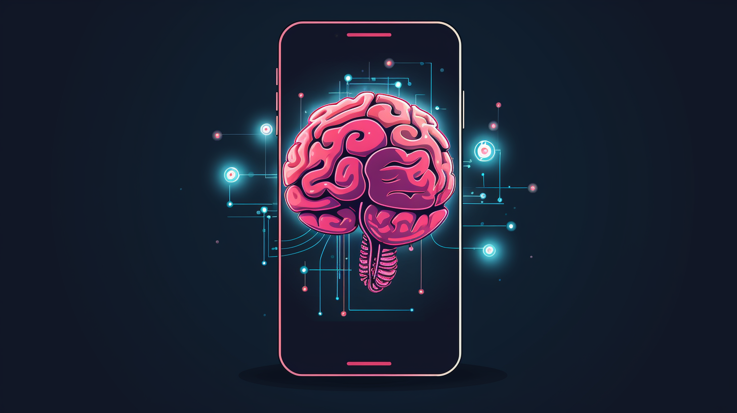 Illustration of a phone with a pinkish brain coming out of the display, dark background. Vaia magazine